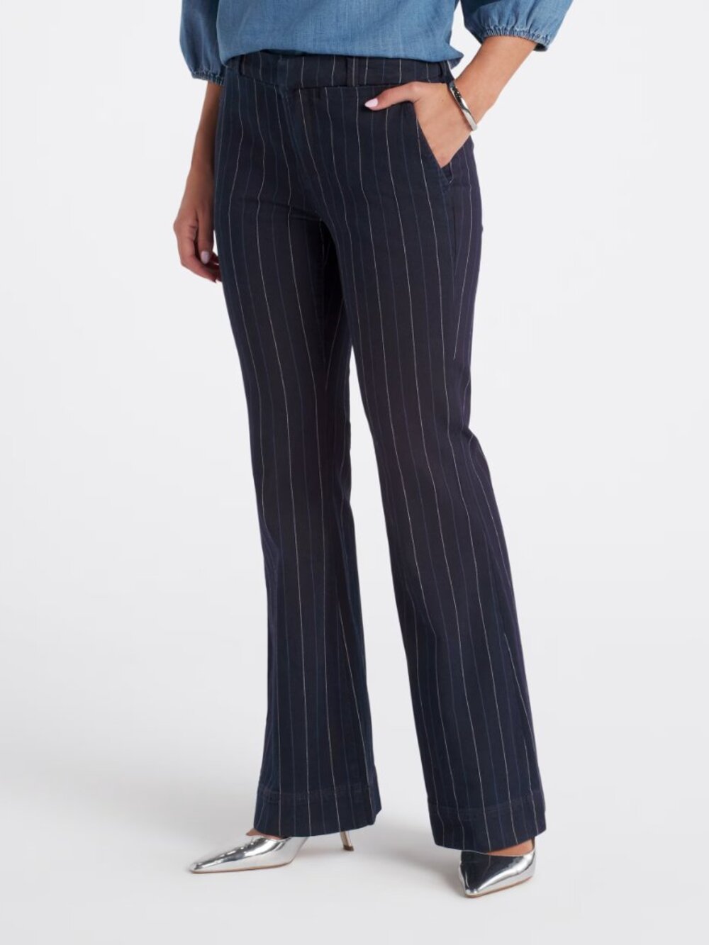 Liverpool Navy Pinstripe Flared Pants size 14 32" inseam